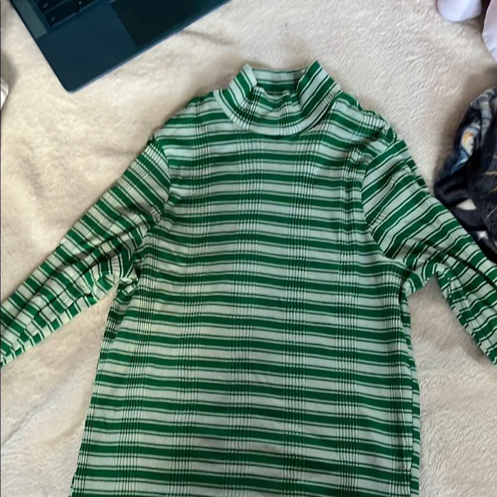 Green Striped Turtleneck Top